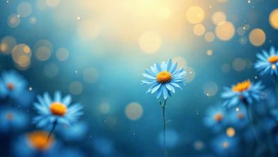 The primary subject of the image is a single blue flower with a yellow center, which is the focal point of the scene. The setting is a blue sky with a few white clouds, creating a serene and peaceful atmosphere. The visual style is a close-up of the flower, emphasizing its beauty and details. The colors and mood of the image are predominantly blue and calm, with the yellow center of the flower adding a touch of warmth and vibrancy.