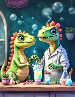 The image features two cartoon dinosaurs, possibly alligators, standing next to each other and holding straws in their mouths. They are positioned in front of a table filled with various items, including multiple cups, bottles, and a potted plant. The scene appears to be a playful and whimsical illustration, possibly for a children's book or a themed party.