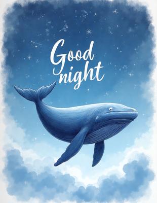 The primary subject of the image is a blue whale flying through the sky. The whale is the main focus of the image, and it appears to be flying through a cloudy blue sky. The setting is a vast, open space with a few clouds scattered throughout the background. The visual style of the image is a combination of digital art and illustration, creating a dynamic and engaging scene. The colors in the image are predominantly blue, with some white clouds, giving the overall atmosphere a sense of tranquility and freedom.