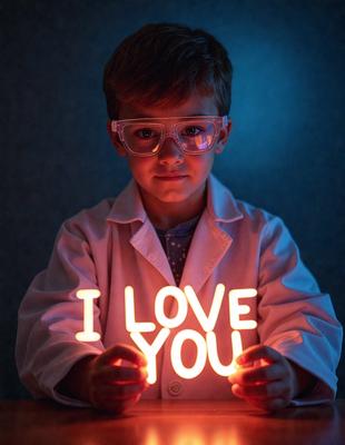 The primary subject of the image is a young boy wearing glasses and a lab coat. He is holding up a sign that reads "I Love You." The setting appears to be a dark room, and the visual style is a close-up of the boy. The colors in the image are predominantly red and white, creating a warm and affectionate atmosphere.