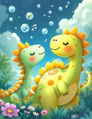 The primary subject of the image is a cartoon illustration of two dinosaurs, specifically two yellow and green dragons, smiling and looking at each other. They are positioned in a field with a cloudy sky in the background. The visual style of the image is a digital art or illustration, with a colorful and cheerful atmosphere.