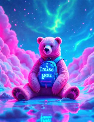 The primary subject of the image is a large, cute teddy bear. The bear is sitting on a pink surface, which appears to be a cloud. The setting is a colorful, surreal environment, with a blue backdrop and a purple sky. The visual style of the image is digital art, as it is a well-rendered, computer-generated scene. The colors and mood of the image are vibrant and whimsical, with the pink and purple hues creating a playful atmosphere.