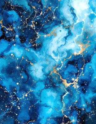 The primary subject of the image is a blue and gold swirling pattern, which appears to be a painting or a digital artwork. The setting is a blue and gold background, which complements the main subject. The visual style is a mix of digital art and illustration, creating a unique and eye-catching design. The dominant colors are blue and gold, giving the image a vibrant and lively atmosphere.