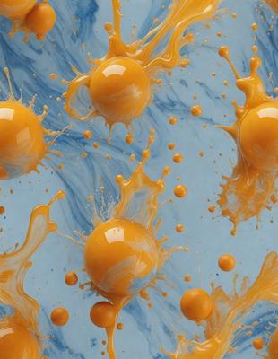 The primary subject of the image is a group of four yellow balls, which are floating in a blue background. The setting appears to be a painting or digital artwork, as the balls are depicted in a visually appealing manner. The visual style is a mix of photo and digital art, creating a vibrant and lively atmosphere. The dominant colors are yellow and blue, which contribute to the overall mood of the image.