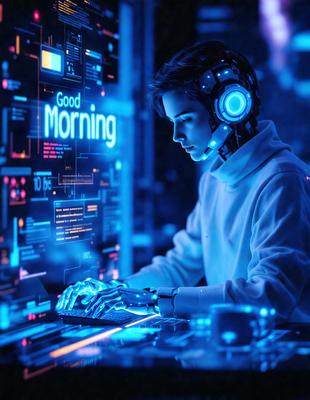 The primary subject of the image is a woman sitting at a desk, working on a laptop. She is wearing a white sweater and appears to be focused on her task. The setting is an office environment, with a computer monitor and a keyboard in front of her. The visual style is a combination of digital art and illustration, creating a futuristic and technological atmosphere. The colors and mood of the image are predominantly blue, which adds to the overall sense of calm and concentration.