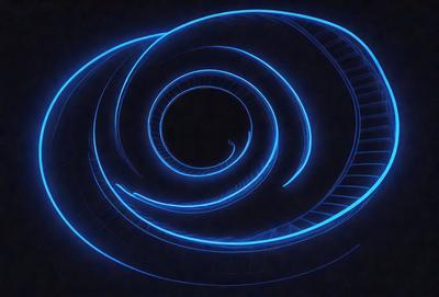 The primary subject of the image is a blue spiral, which appears to be a digital art or illustration. The setting is a dark background, which adds to the overall mood of the image. The visual style suggests that the spiral is a part of a larger design or pattern. The colors and mood of the image are predominantly blue, creating a sense of depth and intrigue.