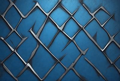 The primary subject of the image is a blue metal surface with a pattern of interlocking metal bars. The setting is a dark room, and the visual style appears to be a combination of a photo and digital art. The dominant colors are blue and black, creating a moody atmosphere.