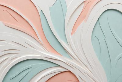 The primary subject of the image is a large, colorful paper sculpture. The sculpture is made up of various colored paper, including pink, blue, and white. The setting is a wall, and the visual style is a combination of digital art and illustration. The colors and mood of the image are vibrant and lively, with the sculpture creating a sense of movement and energy.