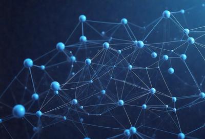 The primary subject of the image is a complex network of blue spheres, which are arranged in a three-dimensional structure. The setting is a dark blue background, which contrasts with the bright blue spheres. The visual style is a combination of digital art and illustration, creating a unique and intricate pattern. The colors and mood of the image are predominantly blue, giving it a calm and serene atmosphere.