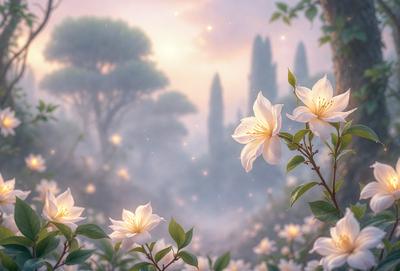 The primary subject of the image is a beautiful white flower with a yellow center, surrounded by green leaves. The flower is located in a serene garden setting, with a backdrop of trees and a sky filled with stars. The visual style of the image is a combination of photo and digital art, creating a realistic yet artistic representation of the flower and its surroundings. The colors and mood of the image are predominantly white and green, with a touch of yellow, creating a peaceful and calming atmosphere.