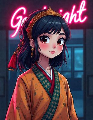 The primary subject of the image is a young girl wearing a yellow and red dress. She is standing in front of a pink neon sign, which is part of a colorful background. The visual style of the image is a digital art or illustration, with the girl being the main focus of the scene. The colors and mood of the image are vibrant and lively, with the girl's outfit and the neon sign contributing to the overall atmosphere.