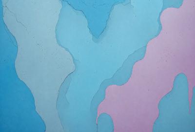 The primary subject of the image is a blue and pink painting with a textured surface. The setting is a wall, and the visual style appears to be a combination of digital art and illustration. The dominant colors in the painting are blue and pink, creating a vibrant and lively atmosphere.