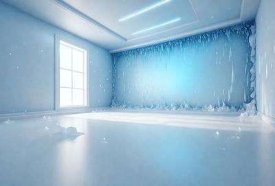 The primary subject of the image is a room with a blue wall. The setting is a white room with a window. The visual style is digital art, and the dominant colors are blue and white. The overall atmosphere is cool and calming.