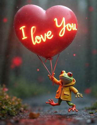 The primary subject of the image is a small toy frog holding a heart-shaped balloon. The setting is a forest, with trees visible in the background. The visual style is a combination of photo and digital art, creating a unique and whimsical scene. The colors are predominantly red and yellow, giving the image a warm and cheerful atmosphere.