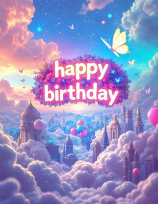 Happy Birthday: [The main object, scene, or focus of the image is a birthday celebration, with a colorful and happy atmosphere.]

Setting/background: [The background features a cloudy sky, which adds to the whimsical and joyful ambiance of the scene.]

Visual style: [The image is a digital art or illustration, showcasing a creative and imaginative representation of a birthday celebration.]

Colors and mood: [The dominant colors are pink, purple, and yellow, which evoke feelings of happiness, warmth, and celebration.]