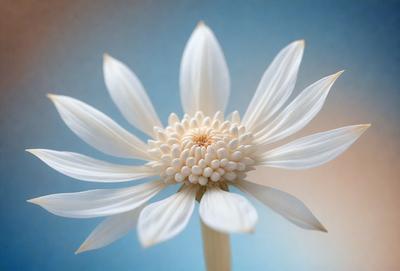 The primary subject of the image is a white flower with a yellow center, sitting on a blue surface. The setting appears to be a garden or a similar outdoor environment. The visual style of the image is a close-up of the flower, showcasing its details and beauty. The colors in the image are predominantly white and blue, creating a serene and calming atmosphere.