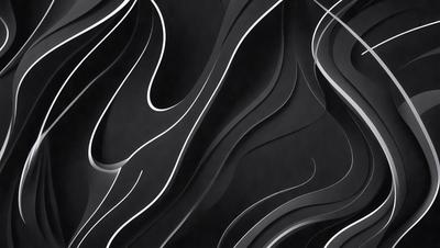 The primary subject of the image is a black and white artistic design featuring a pattern of swirls and curves. The setting is a black background, which contrasts with the artistic design. The visual style is a combination of digital art and illustration, creating a unique and intricate pattern. The colors and mood of the image are predominantly black and white, giving it a modern and sophisticated appearance.