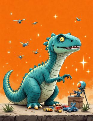 The primary subject of the image is a large, blue, scaly dinosaur with a long neck and a mouth full of teeth. The dinosaur is standing next to a suitcase and a box, possibly indicating that it is a cartoon or a comic book illustration. The setting appears to be a desert-like environment, with a few insects flying in the sky. The visual style of the image is a combination of digital art and illustration, creating a vibrant and engaging scene. The colors and mood of the image are lively and energetic, with the blue dinosaur as the main focal point.