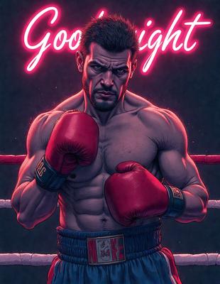 The primary subject of the image is a man wearing a boxing glove, standing in a ring. The setting is a boxing ring, and the visual style is a comic book illustration. The man is the main focus of the image, and the dominant colors are red and black, creating a bold and intense atmosphere.