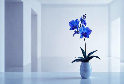 The primary subject of the image is a white vase with a purple orchid plant in it. The vase is placed on a white table, which serves as the setting for the scene. The visual style of the image is a photo, capturing the beauty of the orchid and the vase. The dominant colors in the image are white and purple, creating a calm and serene atmosphere.