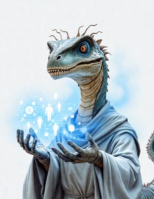 The primary subject of the image is a dinosaur, specifically a blue allosaurus, with its hands reaching out. The setting is a white background, and the visual style is digital art. The colors and mood of the image are predominantly blue, creating a calm and serene atmosphere.