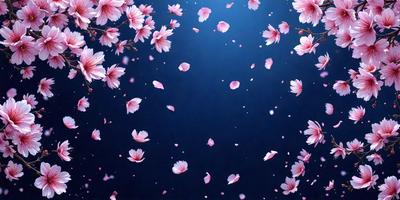 The primary subject of the image is a beautiful display of pink flowers floating in the air. The setting is a dark blue sky, which creates a striking contrast with the vibrant pink flowers. The visual style of the image is a photo, capturing the delicate beauty of the flowers in their natural environment. The colors and mood of the image are predominantly pink, creating a sense of warmth and tranquility.