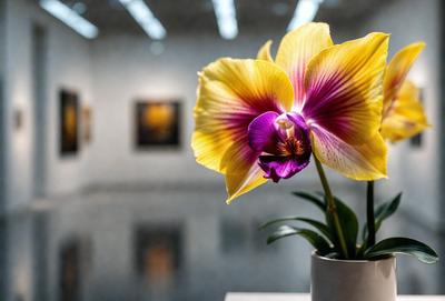 The primary subject of the image is a large, colorful flower in a white vase. The flower is placed on a table, and the setting appears to be an art gallery, as there are several pictures hanging on the walls in the background. The visual style of the image is a combination of photo and digital art, creating a vibrant and eye-catching display. The dominant colors in the image are yellow, purple, and white, giving the scene a lively and cheerful atmosphere.
