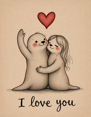 The image features a heartwarming scene of a young girl and a seal, possibly a baby seal, hugging each other. The girl is on the left side of the image, while the seal is on the right. The girl is holding the seal in her arms, creating a tender moment between the two. The image is likely a digital art or illustration, as it captures the emotions and connection between the girl and the seal. The colors in the image are predominantly warm and soft, creating a cozy and comforting atmosphere.