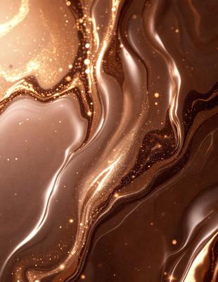 The primary subject of the image is a close-up of a chocolate-covered surface, possibly a cake or a piece of chocolate art. The setting is a dark background, which contrasts with the chocolate, making it the focal point of the image. The visual style appears to be a close-up of a textured surface, possibly a pattern or a texture, with a focus on the chocolate. The colors and mood of the image are predominantly dark, with the chocolate being the main source of light and warmth.