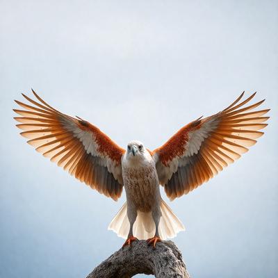 The primary subject of the image is a bird with a large orange and white wing, standing on a tree branch. The bird appears to be looking at the camera. The setting is an outdoor environment with a blue sky in the background. The visual style is a photo, capturing the bird in its natural habitat. The colors and mood of the image are vibrant and lively, with the bird's vivid orange and white wing standing out against the blue sky.