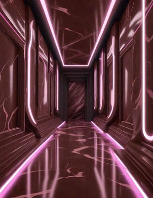 The primary subject of the image is a hallway with a marble floor. The setting is a large, fancy building with a pink and purple color scheme. The visual style is a combination of photo and digital art, creating a unique and eye-catching atmosphere. The colors and mood of the image are predominantly pink and purple, giving the scene a luxurious and elegant feel.