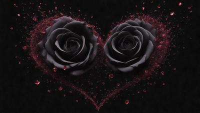 The primary subject of the image is a pair of black roses. The setting is a dark background, which creates a dramatic and moody atmosphere. The visual style is a digital art or illustration, as the roses are depicted in a stylized manner. The colors are predominantly black, with some red accents, which adds to the intensity of the scene.