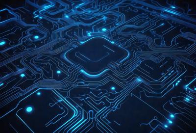 The primary subject of the image is a close-up of a computer circuit board with a blue background. The setting is a digital artwork, and the visual style is a combination of a photo and a digital illustration. The dominant colors are blue and purple, creating a futuristic and technological atmosphere.