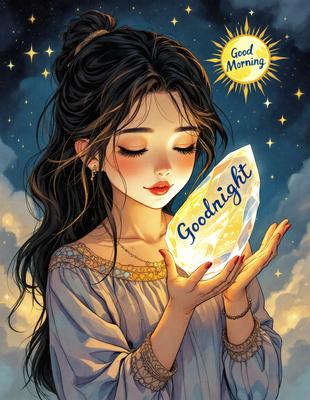 The primary subject of the image is a woman holding a crystal ball. The setting is a night sky, and the visual style is a digital art illustration. The colors are predominantly blue and white, creating a serene and peaceful atmosphere.