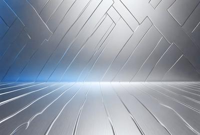The primary subject of the image is a silver metal surface, which appears to be a metal floor or a wall. The setting is a room with a patterned wall, which adds a unique visual style to the scene. The colors in the image are predominantly silver and blue, creating a modern and sleek atmosphere.
