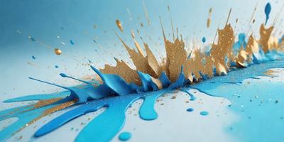 The primary subject of the image is a blue and gold splash, which appears to be a painting or a digital artwork. The setting is a blue background, and the visual style suggests that it is a digital artwork. The colors and mood of the image are vibrant and lively, with the blue and gold colors creating a sense of energy and movement.
