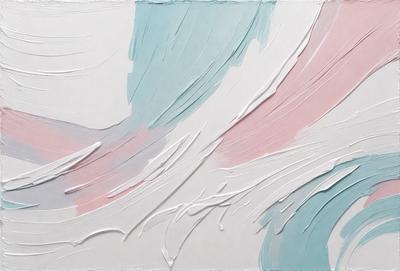 The primary subject of the image is a painting of a wave, featuring a mix of blue, pink, and white colors. The setting is a white canvas, and the visual style appears to be a combination of digital art and illustration. The painting creates a sense of movement and fluidity, with the wave's colors and patterns adding to the overall mood of the piece.