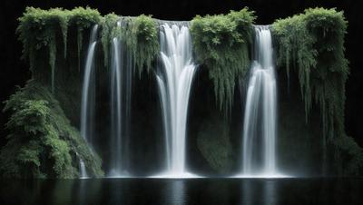 The primary subject of the image is a waterfall, with multiple streams of water cascading down a rocky cliff. The setting is a natural environment, with the waterfall surrounded by lush greenery. The visual style is a photo, capturing the beauty of the waterfall and its surroundings. The colors and mood of the image are predominantly green, with the waterfall and surrounding vegetation creating a serene and refreshing atmosphere.