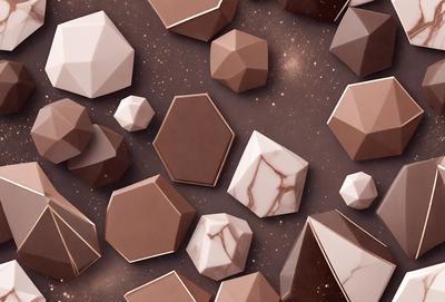 The primary subject of the image is a collection of chocolate-colored geometric shapes, which are arranged in a visually appealing manner. The setting is a dark, starry background, which contrasts with the shapes and adds a sense of depth to the image. The visual style is a combination of digital art and illustration, creating a unique and artistic representation of the chocolate shapes. The colors and mood of the image are predominantly dark and moody, with the chocolate shapes serving as the focal point and the starry background providing a sense of mystery and intrigue.
