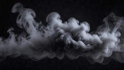 The primary subject of the image is a cloud of smoke, which is the main object, scene, or focus of the image. The setting is a dark background, which contrasts with the smoke. The visual style is a black and white photo, giving the image a classic and timeless appearance. The colors and mood are dominated by the smoke, which creates a dramatic and mysterious atmosphere.