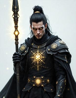 The primary subject of the image is a man dressed in a black and gold costume, holding a staff. He appears to be a character from a fantasy or sci-fi setting. The setting is a white background, which provides a clean and minimalistic backdrop for the man's costume. The visual style is digital art, as the man is depicted in a detailed and intricate manner. The colors and mood of the image are dark and dramatic, with the man's costume and the overall atmosphere creating a sense of mystery and power.