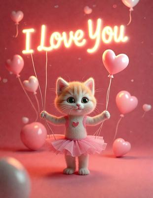 The primary subject of the image is a small, cute, and fluffy cat holding a balloon in its mouth. The cat is wearing a pink dress and is surrounded by multiple pink hearts. The setting is a pink background, which adds to the overall mood of the image. The visual style is a combination of digital art and illustration, creating a whimsical and adorable scene.