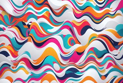 The primary subject of the image is a colorful, abstract design featuring a mix of blue, orange, and pink colors. The setting is a wall with a patterned surface, which adds to the visual style of the image. The overall atmosphere is vibrant and lively, with the colors and patterns creating a dynamic and engaging visual experience.
