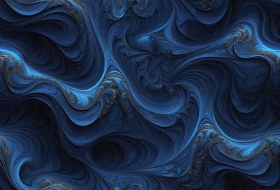 The primary subject of the image is a blue and gold swirling pattern, which appears to be a digital art or illustration. The setting is a blue background, and the visual style is a combination of digital art and illustration. The dominant colors are blue and gold, creating a vibrant and lively atmosphere.