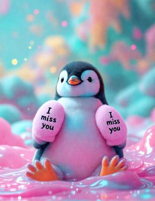 The primary subject of the image is a penguin. The penguin is sitting in a pink, flowery, and colorful environment, which appears to be a digital art or illustration. The penguin is holding a heart-shaped sign that says "I miss you." The overall atmosphere of the image is playful and heartwarming.