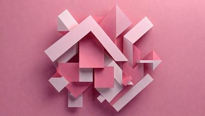 The primary subject of the image is a pink paper cutout of a house. The setting is a pink background, which creates a visually appealing contrast with the paper cutout. The visual style is a combination of digital art and illustration, as the paper cutout is created using a digital medium. The colors and mood of the image are predominantly pink, giving it a warm and inviting atmosphere.
