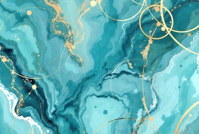 The primary subject of the image is a painting featuring a blue and gold color scheme. The setting is a blue and green ocean, with a gold background. The visual style is a digital art or illustration, creating a vibrant and lively atmosphere. The dominant colors are blue, gold, and green, giving the painting a serene and calming mood.