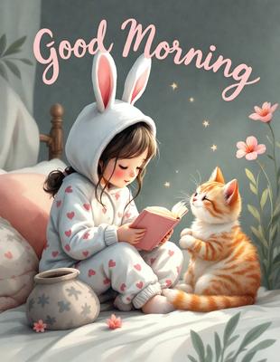 The primary subject of the image is a young girl wearing a bunny costume, sitting on a bed and reading a book. The setting is a cozy bedroom, with a bed and a vase nearby. The visual style is a digital art illustration, depicting a warm and inviting atmosphere. The colors are predominantly pink and white, with the girl's costume and the book adding a touch of warmth to the scene.