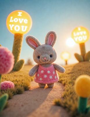 The primary subject of the image is a small stuffed bunny rabbit wearing a pink dress. The setting is a field with a path, and the visual style is a combination of photo and digital art. The colors are predominantly pink and white, creating a warm and cheerful atmosphere.