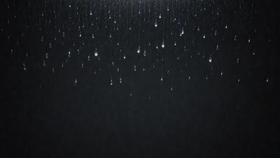 The primary subject of the image is a rainy scene with a black background. The setting is a rainy day, and the visual style is a black and white drawing. The dominant colors are black and white, creating a moody atmosphere.